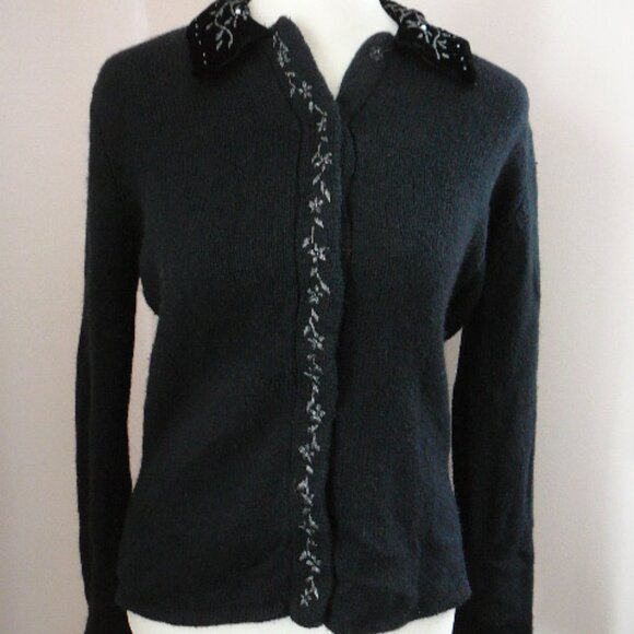 Hillard & Hanson Sweaters - Hilliard & Hanson Snap Black Cardigan Sweater-Faux Pearls, Beaded Collar-Small